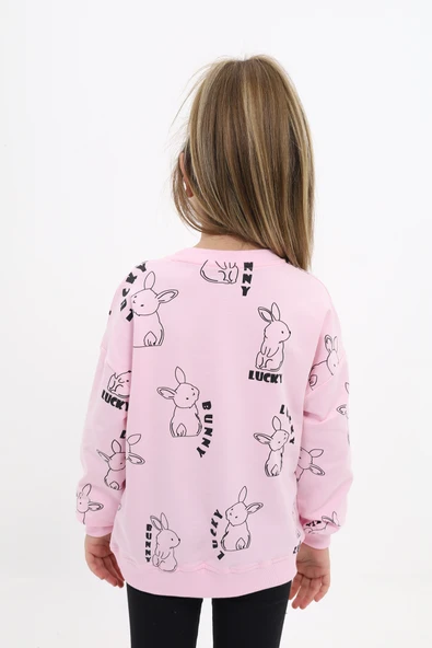 Kız Çocuk Relax Fit Bisiklet Yaka Düşük Omuz Baskılı Sweatshirt - 2 İplik - Resim 4