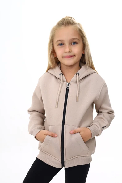 Toontoy Kız Çocuk Kapüşonlu Fermuarlı Cepli Nakış Baskılı Örme Hırka - 2 İplik Şardonlu - 2