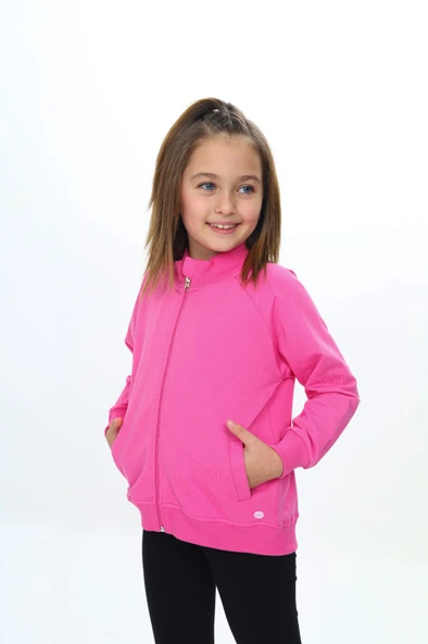 Toontoy Kız Çocuk Dik Yaka Fermuarlı Cepli Reglan Kol Örme Hırka - 2 İplik - 6