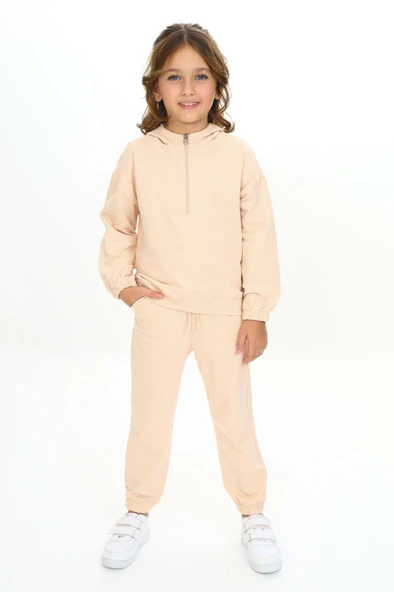 Kız Çocuk 2'li Takım Kapüşonlu Fermuarlı Sweatshirt & Beli Paçası Lastikli Jogger Eşofman Altı - 2 İplik ürün görseli 1