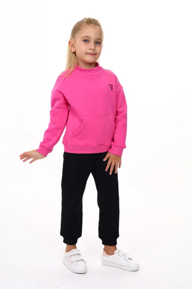 Toontoy Kız Çocuk Yarım Balıkçı Yaka Göğsü Nakışlı Eşofman Takım - 7