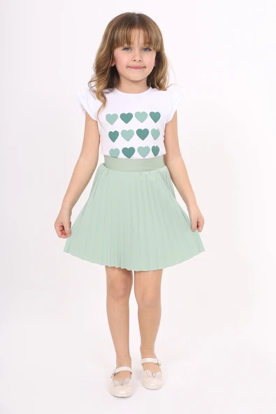 Toontoy Kız Çocuk Kol Fırfır Kalp Baskılı Etekli Takım - Resim 9