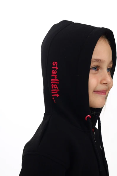 Toontoy Kız Çocuk Kapüşonlu Fermuarlı Cepli Nakış Baskılı Örme Hırka - 2 İplik Şardonlu - 9