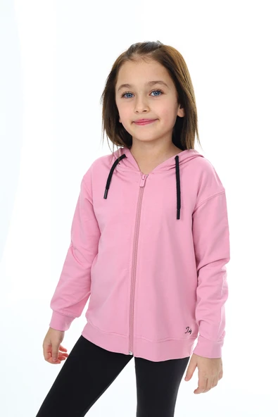 Toontoy Kız Çocuk Kapüşonlu Fermuarlı Cepli Düşük Omuz Nakış Baskılı Örme Hırka - 2 İplik - 10