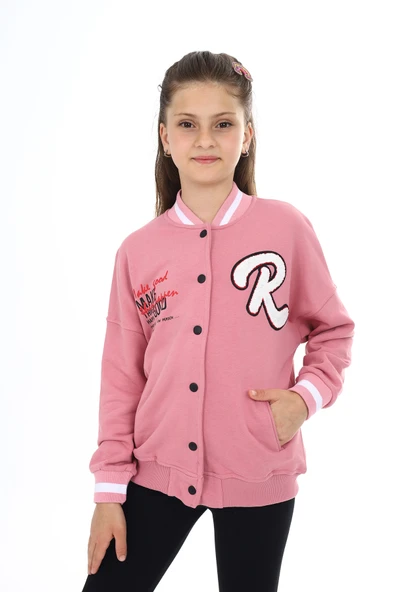 Toontoy Kız Çocuk Kolej Yaka Çıtçıt Kapama Cepli Düşük Omuz Nakış Baskılı Örme Hırka - 2 İplik Şardonlu - 4