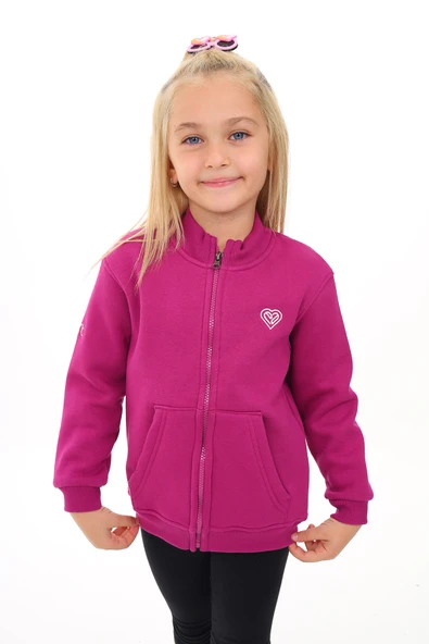 Toontoy Kız Çocuk Dik Yaka Fermuarlı Cepli Nakış Baskılı Örme Hırka - 2 İplik Şardonlu ürün görseli