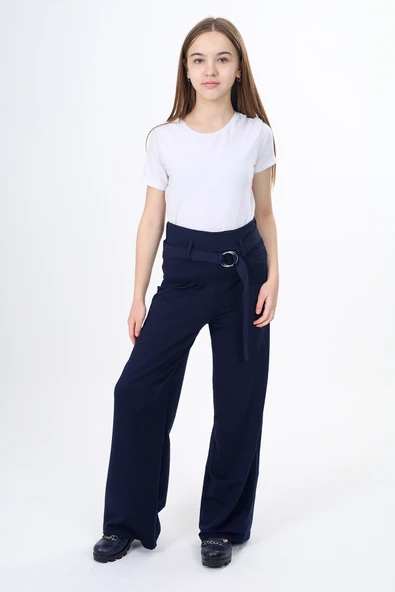 Kız Çocuk Tokalı Kuşaklı Bol Paça Eşofman Altı - 2 İplik - Resim 6