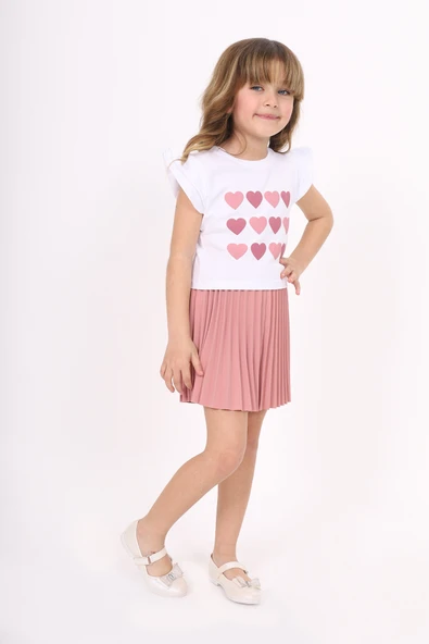 Toontoy Kız Çocuk Kol Fırfır Kalp Baskılı Etekli Takım - Resim 8