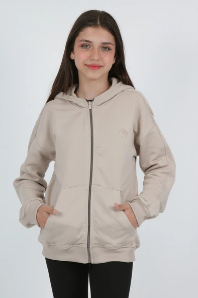 Toontoy Kız Çocuk Kapüşonlu Fermuarlı Cepli Düşük Omuz Nakış Baskılı Örme Hırka - 3 İplik Şardonsuz