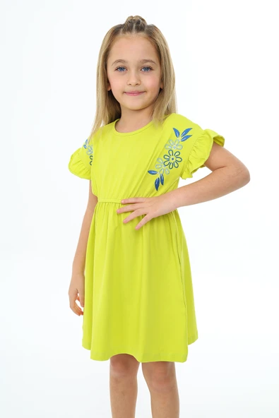Toontoy Kız Çocuk Nakışlı Kol Fırfır Detaylı Elbise - 3