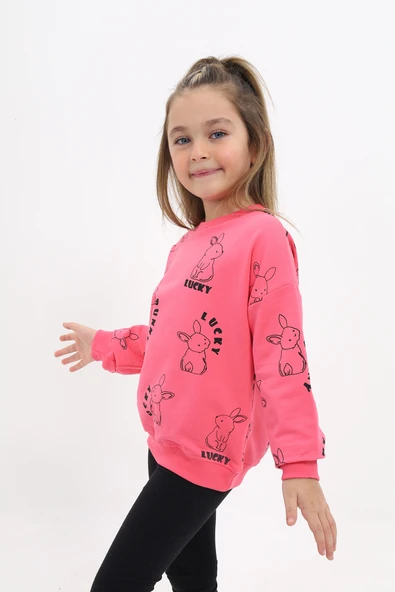 Kız Çocuk Relax Fit Bisiklet Yaka Düşük Omuz Baskılı Sweatshirt - 2 İplik - Resim 11