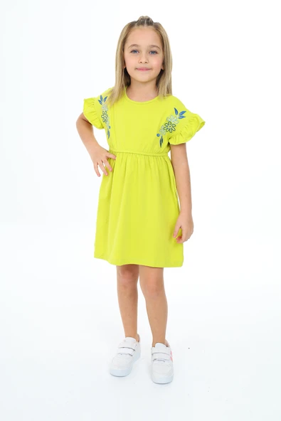 Toontoy Kız Çocuk Nakışlı Kol Fırfır Detaylı Elbise