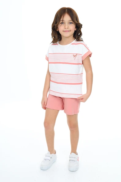 Toontoy Kız Çocuk Çizgili Kalp Nakışlı Şortlu Takım - Resim 3
