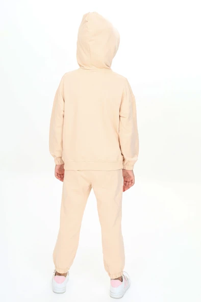 Kız Çocuk 2'li Takım Kapüşonlu Fermuarlı Sweatshirt & Beli Paçası Lastikli Jogger Eşofman Altı - 2 İplik - Resim 4