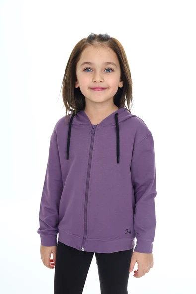 Toontoy Kız Çocuk Kapüşonlu Fermuarlı Cepli Düşük Omuz Nakış Baskılı Örme Hırka - 2 İplik