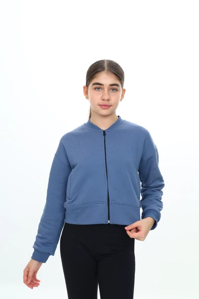 Toontoy Kız Çocuk Kolej Yaka Fermuarlı Cepli Düşük Omuz Baskılı Örme Hırka - 3 İplik Şardunsuz