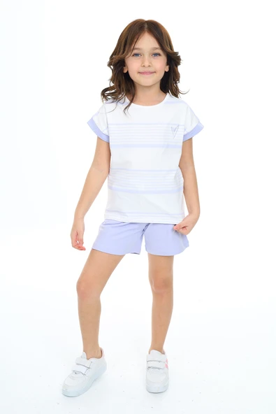 Toontoy Kız Çocuk Çizgili Kalp Nakışlı Şortlu Takım - Resim 4