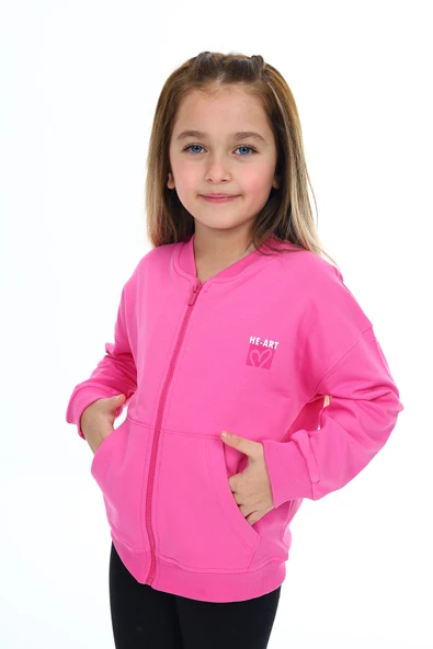 Toontoy Kız Çocuk Kolej Yaka Fermuarlı Düşük Omuz Baskılı Örme Hırka - 2 İplik - 6