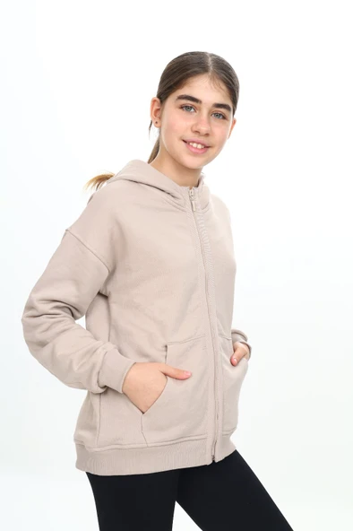 Toontoy Kız Çocuk Kapüşonlu Şerit Fermuar Detaylı Cepli Düşük Omuz Örme Hırka - 3 İplik Şardonsuz - 3