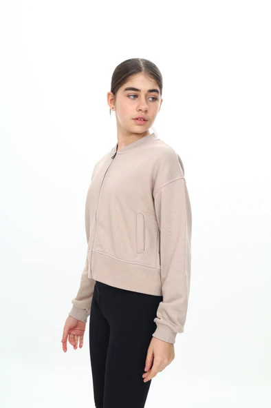 Toontoy Kız Çocuk Kolej Yaka Fermuarlı Cepli Düşük Omuz Baskılı Örme Hırka - 3 İplik Şardunsuz - 10