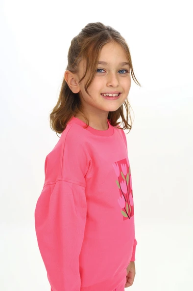 Toontoy Kız Çocuk Kol Büzgülü Lale Baskılı Eşofman Takım - 9