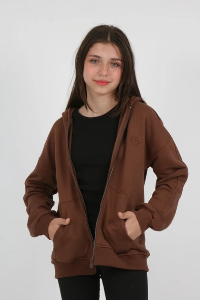 Toontoy Kız Çocuk Kapüşonlu Fermuarlı Cepli Düşük Omuz Nakış Baskılı Örme Hırka - 3 İplik Şardonsuz - 10
