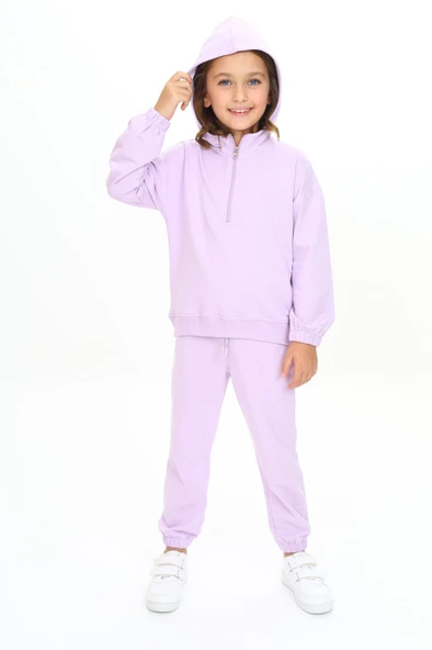 Kız Çocuk 2'li Takım Kapüşonlu Fermuarlı Sweatshirt & Beli Paçası Lastikli Jogger Eşofman Altı - 2 İplik - Resim 5
