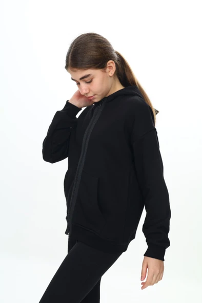 Toontoy Kız Çocuk Kapüşonlu Şerit Fermuar Detaylı Cepli Düşük Omuz Örme Hırka - 3 İplik Şardonsuz - 10