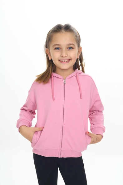 Toontoy Kız Çocuk Kapüşonlu Fermuarlı Cepli Düşük Omuz Örme Hırka - 2 İplik