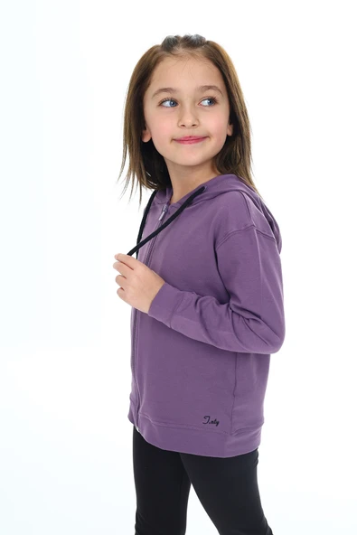 Toontoy Kız Çocuk Kapüşonlu Fermuarlı Cepli Düşük Omuz Nakış Baskılı Örme Hırka - 2 İplik - 2