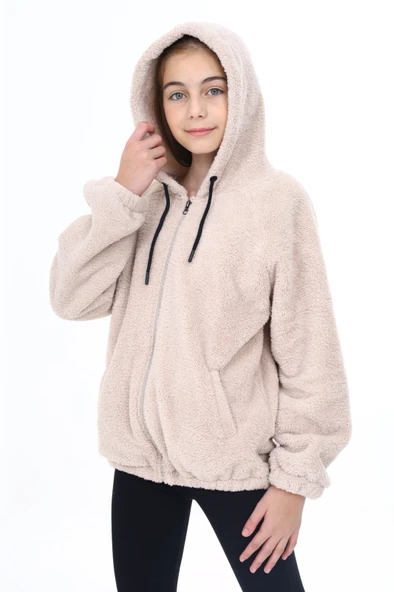 Toontoy Kız Çocuk Kapüşonlu Fermuarlı Cepli Reglan Kol Peluş Hırka - 8