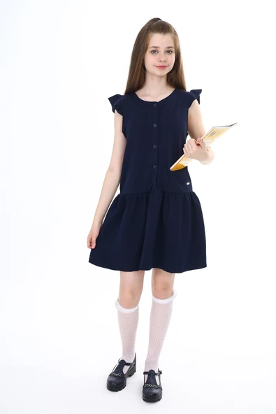 Toontoy Kız Çocuk Düğmeli Metal Arma Detaylı Okul Elbise - 3