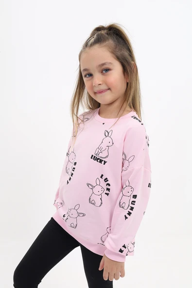 Kız Çocuk Relax Fit Bisiklet Yaka Düşük Omuz Baskılı Sweatshirt - 2 İplik - Resim 3