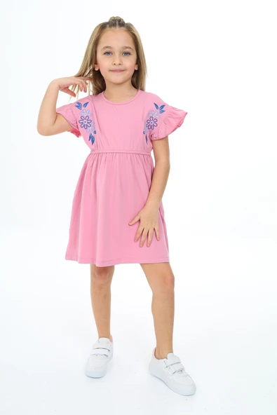 Toontoy Kız Çocuk Nakışlı Kol Fırfır Detaylı Elbise - 7