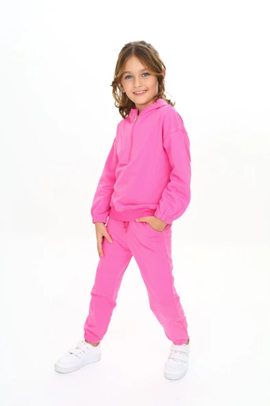Kız Çocuk 2'li Takım Kapüşonlu Fermuarlı Sweatshirt & Beli Paçası Lastikli Jogger Eşofman Altı - 2 İplik - Resim 11