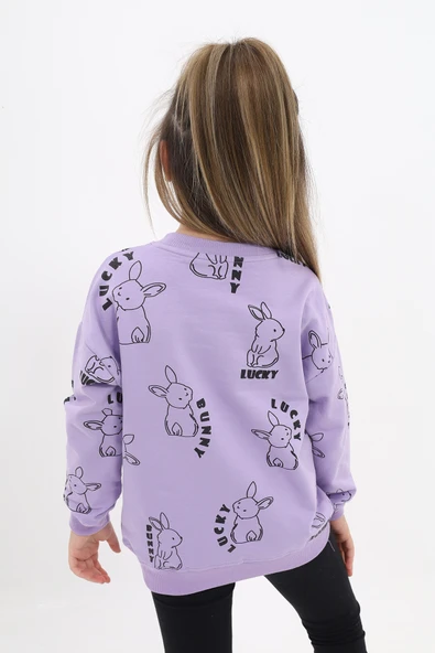 Kız Çocuk Relax Fit Bisiklet Yaka Düşük Omuz Baskılı Sweatshirt - 2 İplik - Resim 9