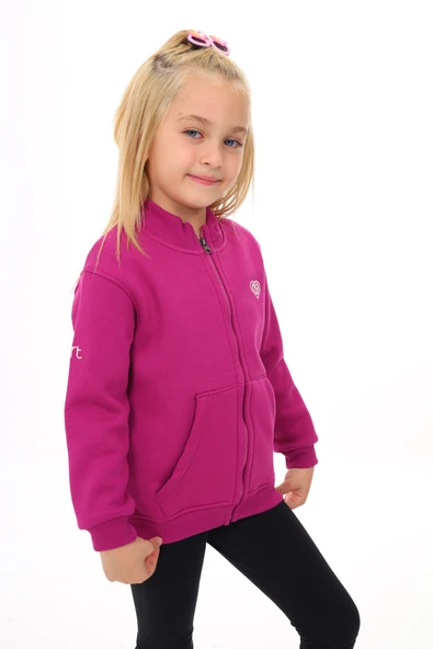 Toontoy Kız Çocuk Dik Yaka Fermuarlı Cepli Nakış Baskılı Örme Hırka - 2 İplik Şardonlu - Resim 2