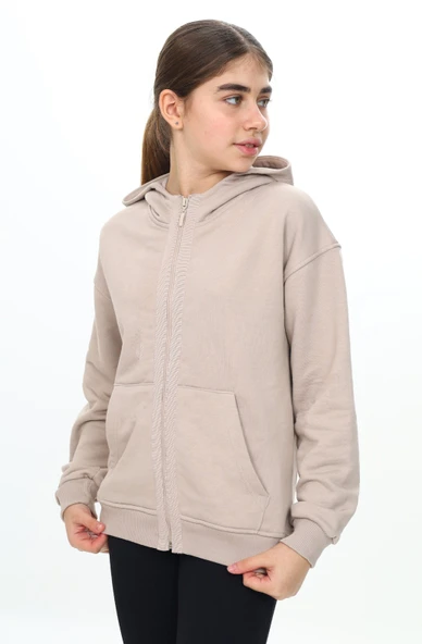 Toontoy Kız Çocuk Kapüşonlu Şerit Fermuar Detaylı Cepli Düşük Omuz Örme Hırka - 3 İplik Şardonsuz - 2