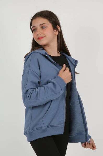 Toontoy Kız Çocuk Kapüşonlu Fermuarlı Cepli Düşük Omuz Nakış Baskılı Örme Hırka - 3 İplik Şardonsuz - 7