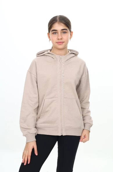 Toontoy Kız Çocuk Kapüşonlu Şerit Fermuar Detaylı Cepli Düşük Omuz Örme Hırka - 3 İplik Şardonsuz