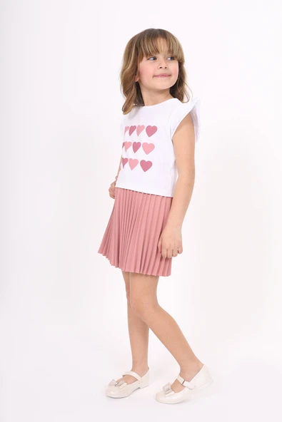 Toontoy Kız Çocuk Kol Fırfır Kalp Baskılı Etekli Takım - Resim 7