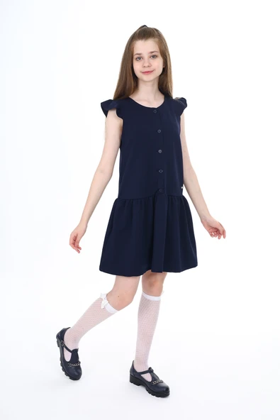 Toontoy Kız Çocuk Düğmeli Metal Arma Detaylı Okul Elbise - 6