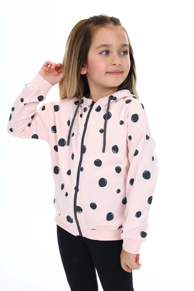 Toontoy Kız Çocuk Kapüşonlu Fermuarlı Baloncuk Baskılı Düşük Omuz Yırtmaç Detaylı Örme Hırka - 2 İplik - 6