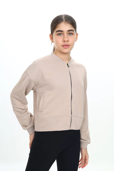 Toontoy Kız Çocuk Kolej Yaka Fermuarlı Cepli Düşük Omuz Baskılı Örme Hırka - 3 İplik Şardunsuz - 9