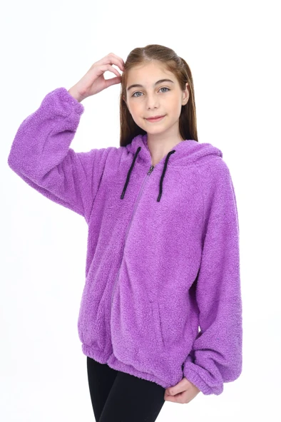 Toontoy Kız Çocuk Kapüşonlu Fermuarlı Cepli Reglan Kol Peluş Hırka