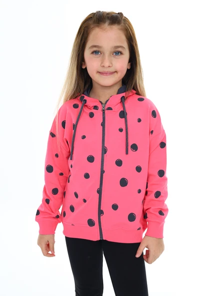 Toontoy Kız Çocuk Kapüşonlu Fermuarlı Baloncuk Baskılı Düşük Omuz Yırtmaç Detaylı Örme Hırka - 2 İplik - 12