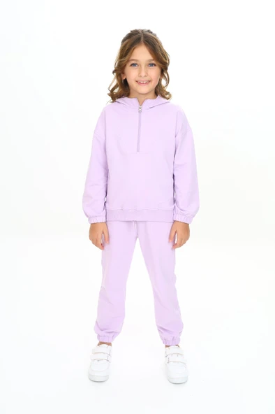 Kız Çocuk 2'li Takım Kapüşonlu Fermuarlı Sweatshirt & Beli Paçası Lastikli Jogger Eşofman Altı - 2 İplik - Resim 9