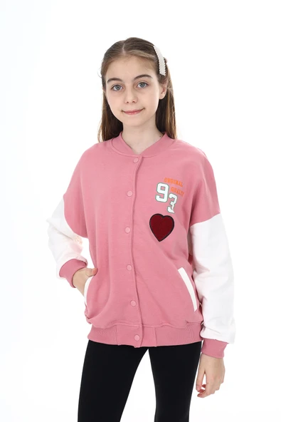 Toontoy Kız Çocuk Kolej Yaka Çıtçıt Kapama Cepli Düşük Omuz Baskılı Renk Bloklu Örme Hırka - 2 İplik Şardonlu - 9