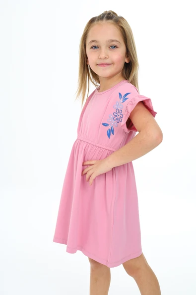 Toontoy Kız Çocuk Nakışlı Kol Fırfır Detaylı Elbise - 8