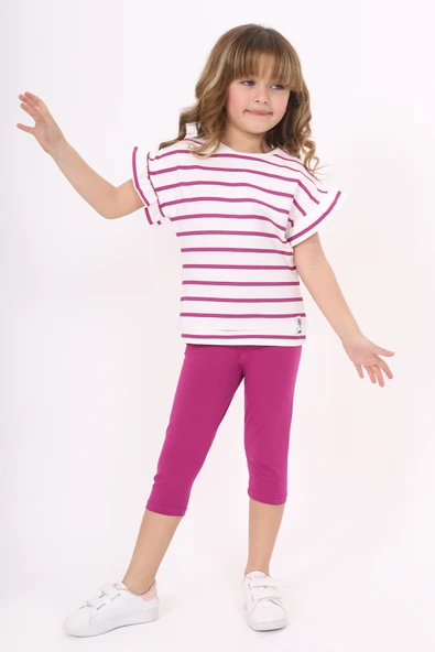 Toontoy Kız Çocuk Çizgi Baskılı Kaprili Takım